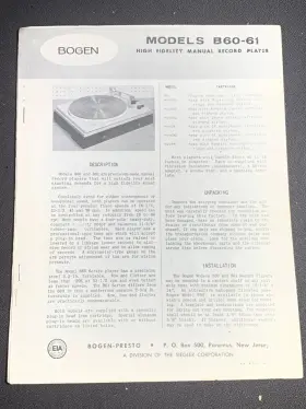 B60-61 BOGEN Record Player Owners Manual
