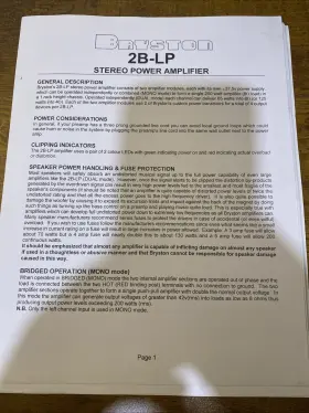 2B-LP BRYSTON Operators Manual Stereo Power Amplifier