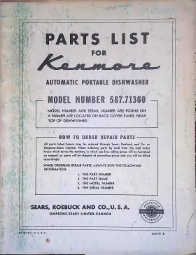 88091-B NAN Kenmore Dishwasher Service Manual Avocado Copper