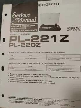 PL-220Z PIONEER Turntable Service Manual
