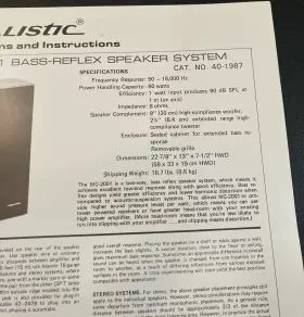 40-1987 REALISTIC Bass Reflex Speaker Instruction Sheet #3