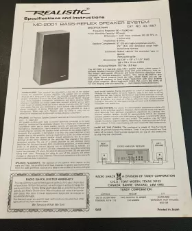 40-1987 REALISTIC Bass Reflex Speaker Instruction Sheet