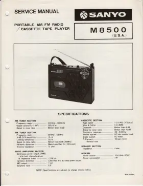 WM-4044 SANYO Am Fm Radio Cassette Tape Player Service Manual