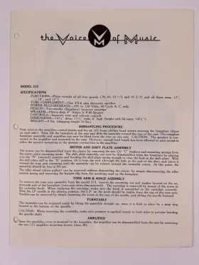 VOM-215 VOICE OF MUSIC Service Repair Manual Phonograph