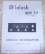 Nice Vintage Mcintosh Model MR-77 Service Manual Booklet Guide Original - USA